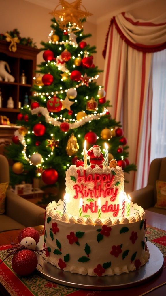 A birthday cake next to a Christmas tree, symbolizing a Christmas birthday celebration.